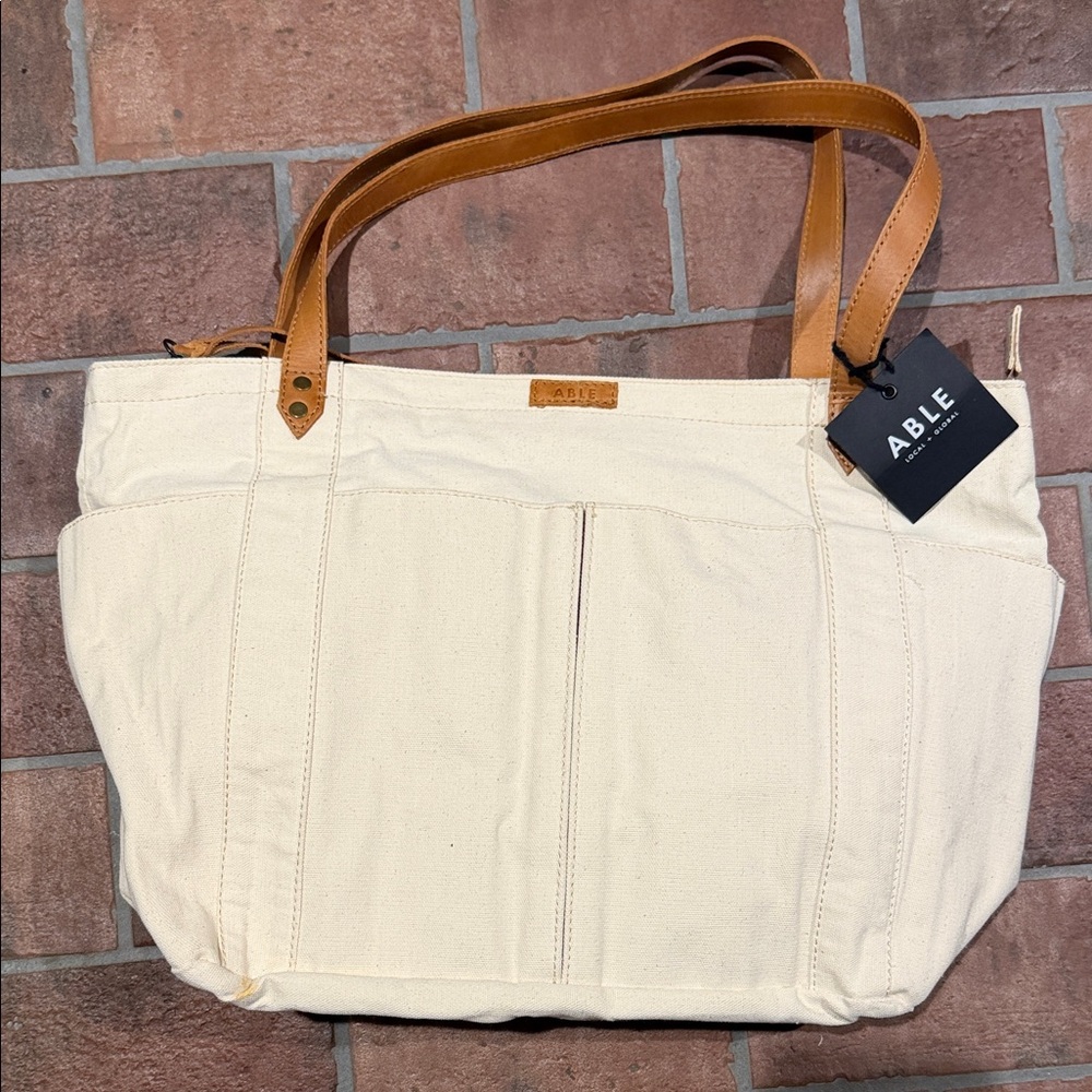 Able Cream Canvas Tote with Tan Leather Straps